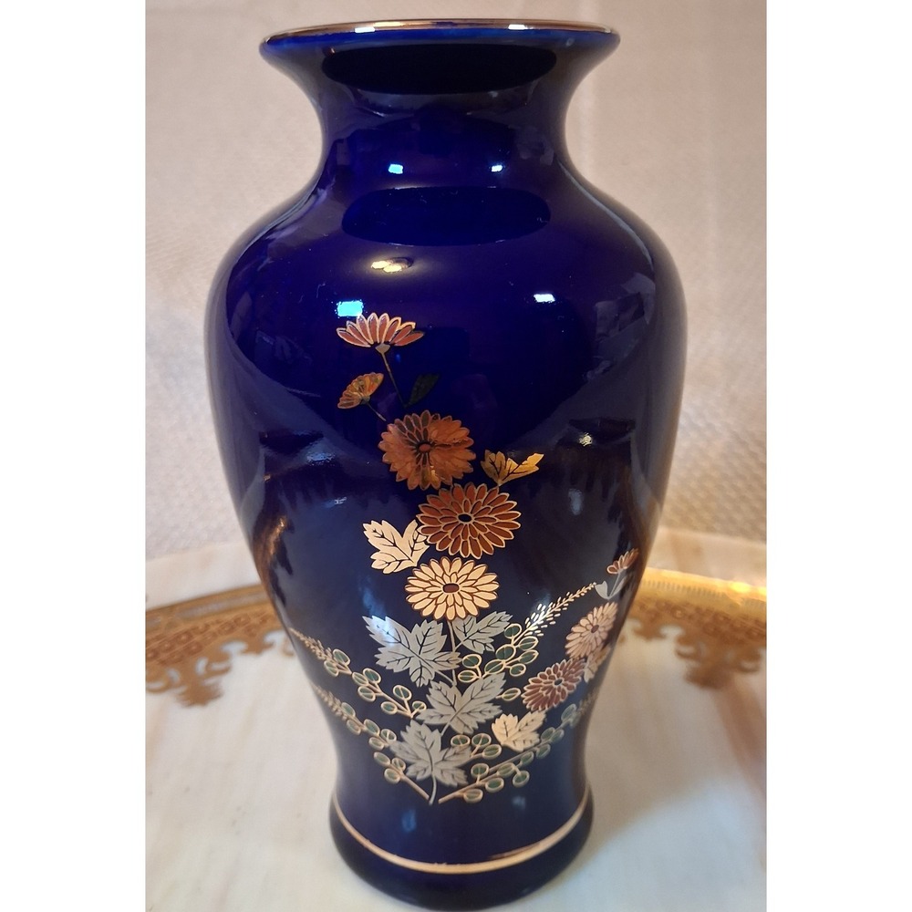 Vintage Cobalt Blue Porcelain Bud Vase Gold Floral Chrysanthemum 6.25 inch